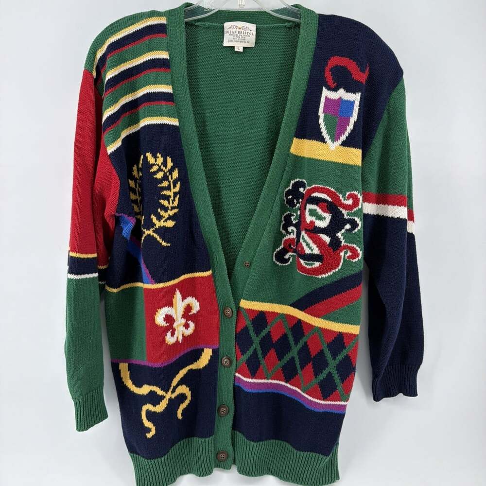 Vintage Susan Bristol Sweater Cardigan Women L Multicolor Fleur De Lis Preppy